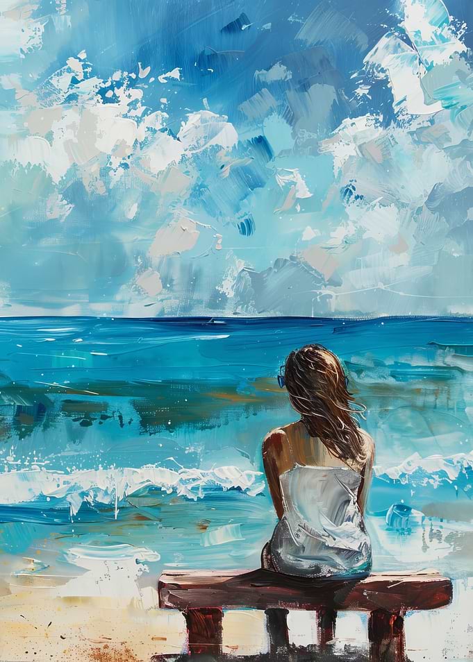 Woman on Bench Overlooking Ocean Painting