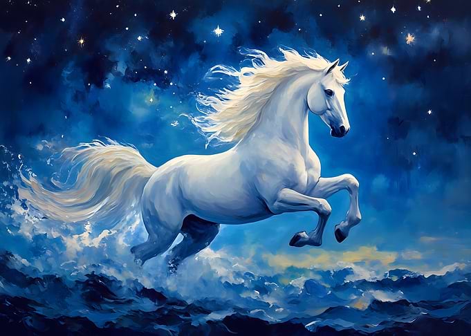 White Horse in Starry Night Sky