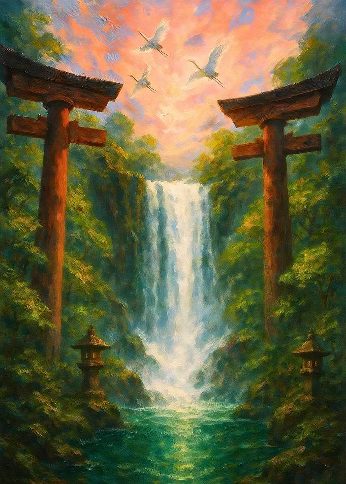 Japanese Landscape with Waterfall and Torii