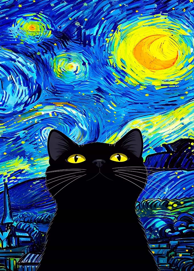 Black Cat in Starry Night Style