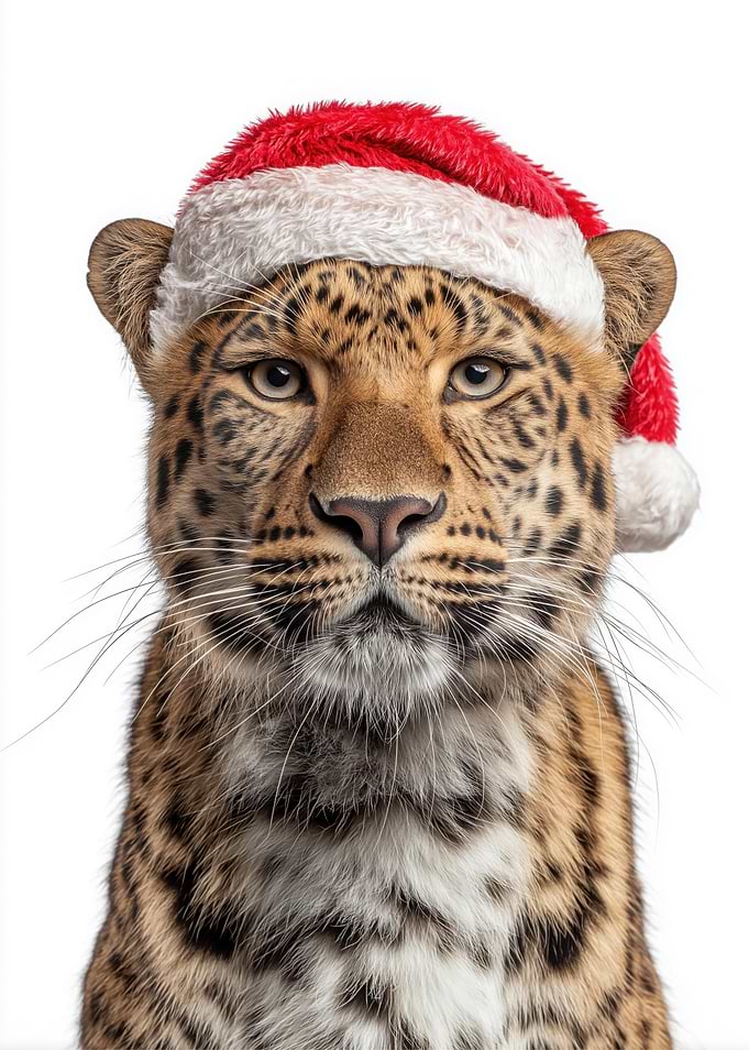 Amur Leopard wearing a Santa hat