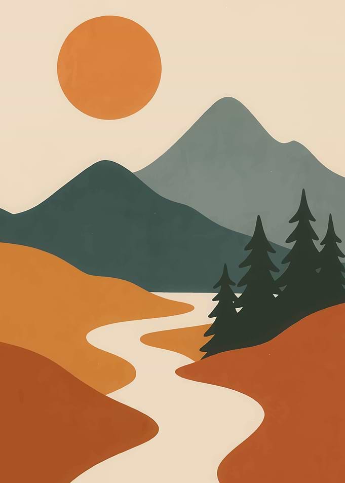 Minimalist Mountain Landscape with River