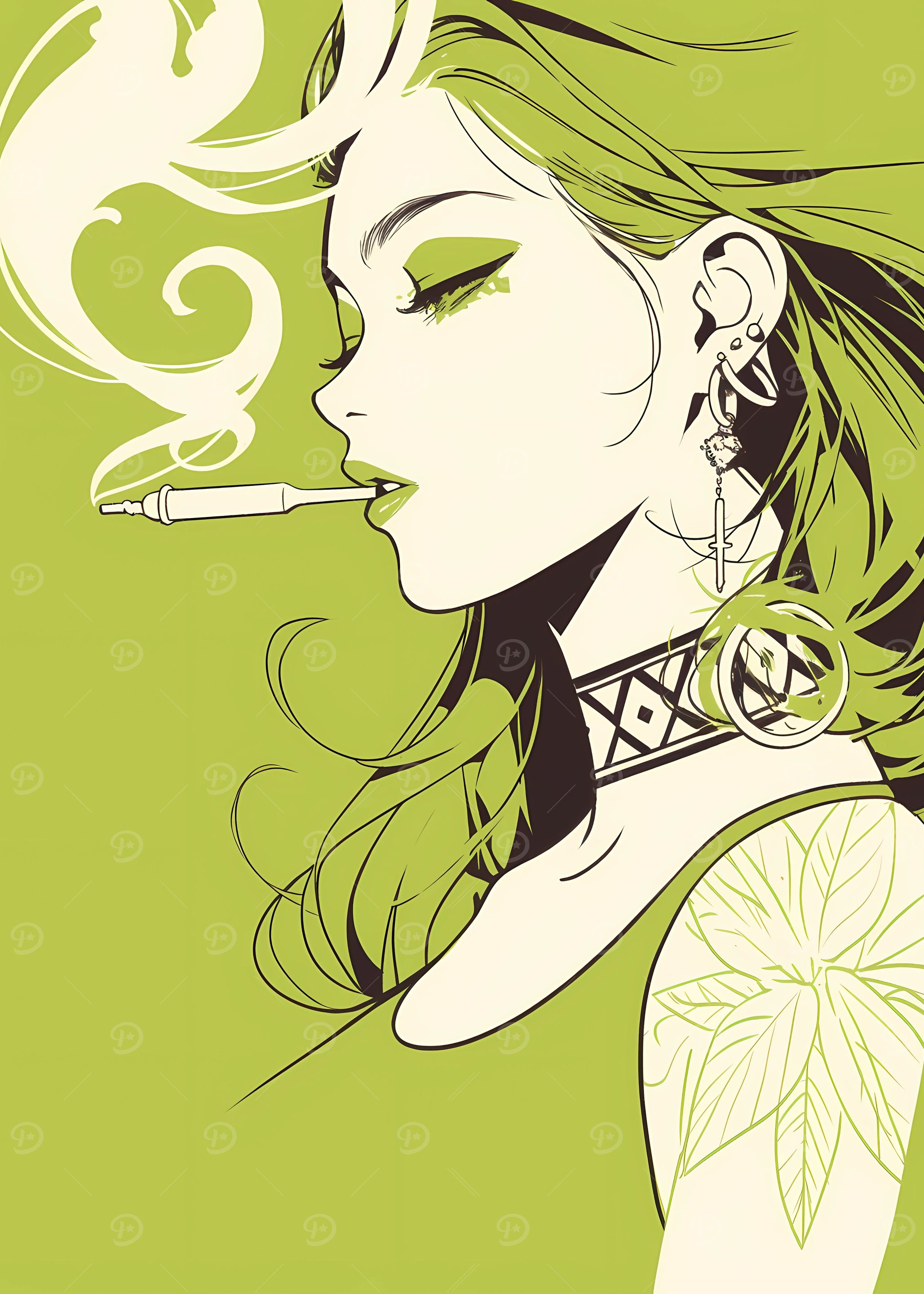 Green-themed Woman Smoking Illustration