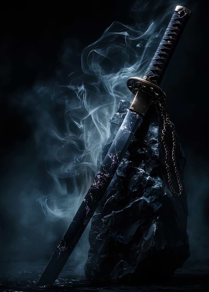 Katana Sword on Rock with Smoke
