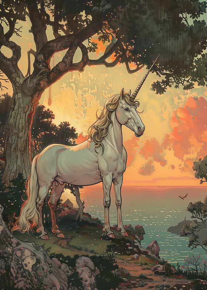 Unicorn by the Sea at Sunset