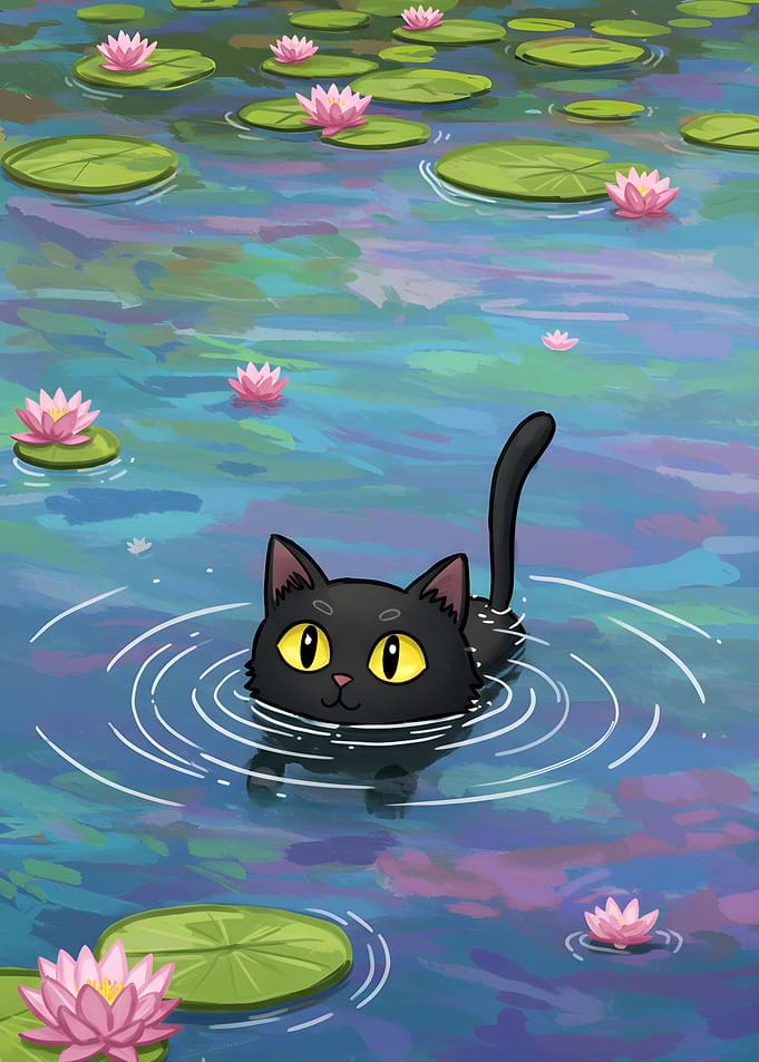 Black cat swimming in a pond