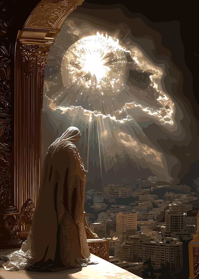Figure Gazing at Celestial Light over City