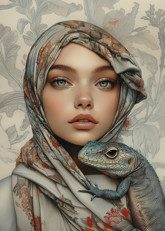 Woman With Lizard Portrait