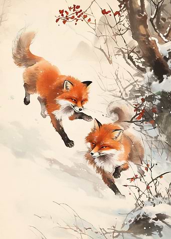 Two Foxes Winter Landscape