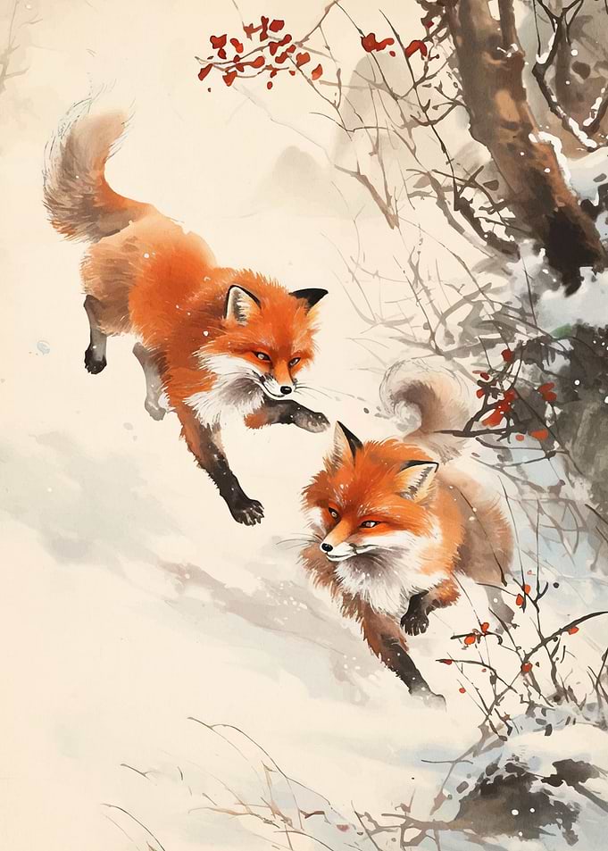 Two Foxes Winter Landscape