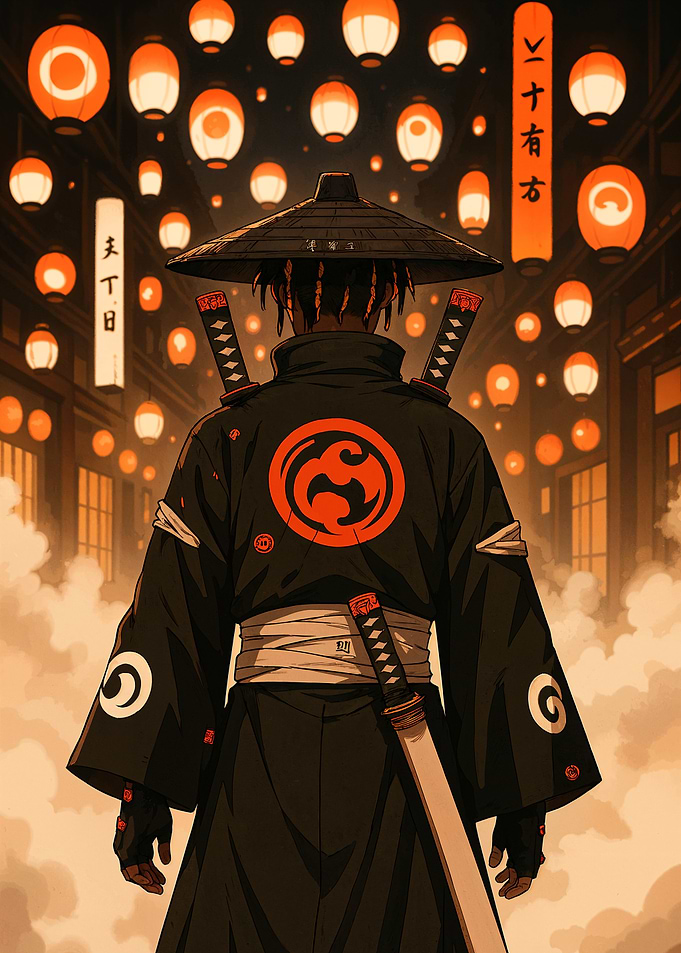 Samurai in Lantern-Lit Japanese Street