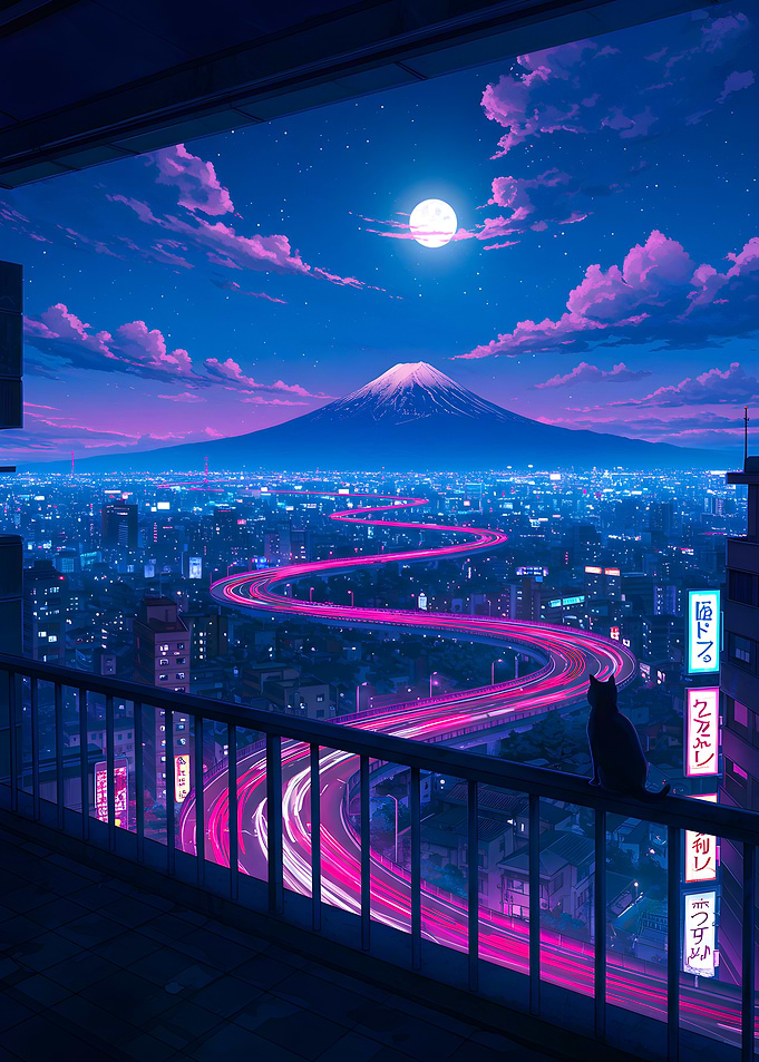 Night Cityscape with Mount Fuji
