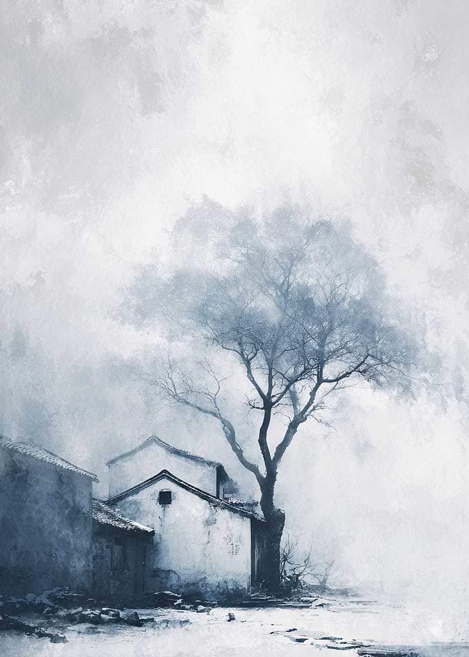 Monochromatic Village Landscape with Bare Tree