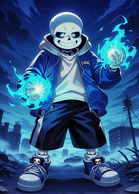 Sans from Undertale with blue flames