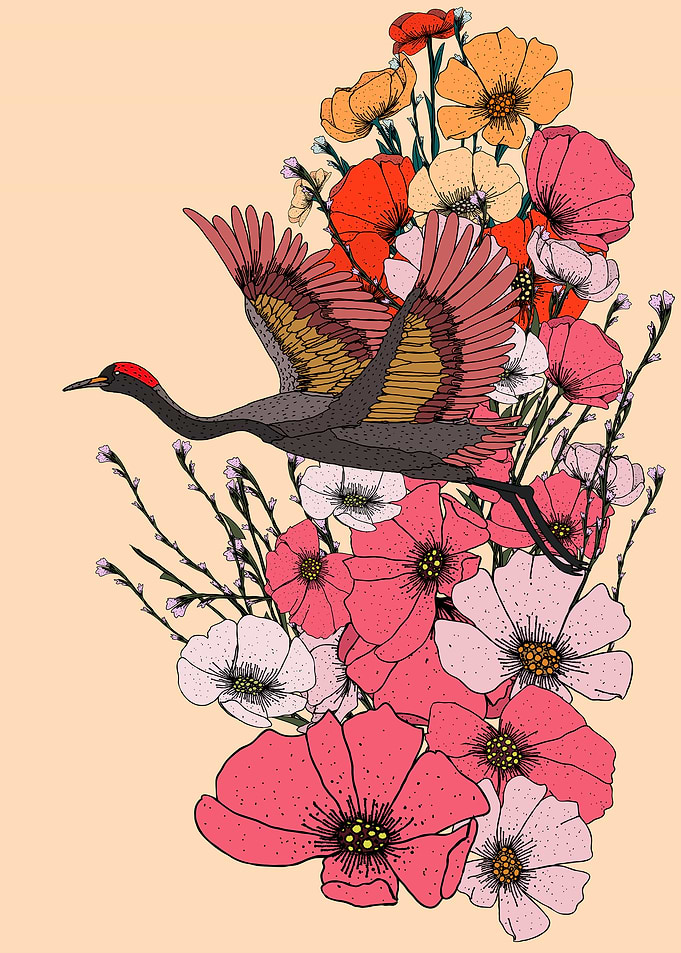 Crane in Flight with Floral Arrangement