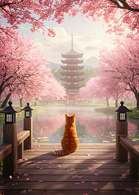 Cat gazing at Japanese pagoda