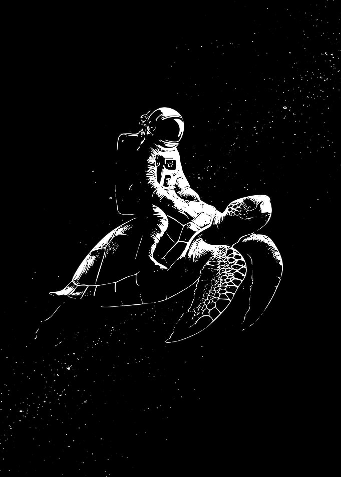 Astronaut riding a sea turtle