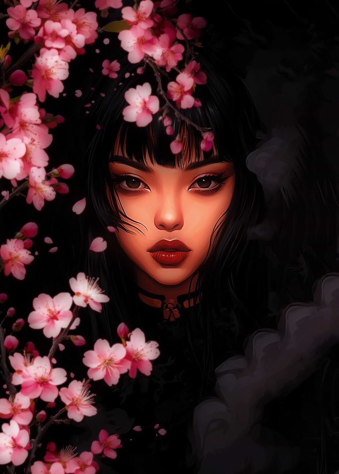 Asian Woman with Cherry Blossoms Portrait
