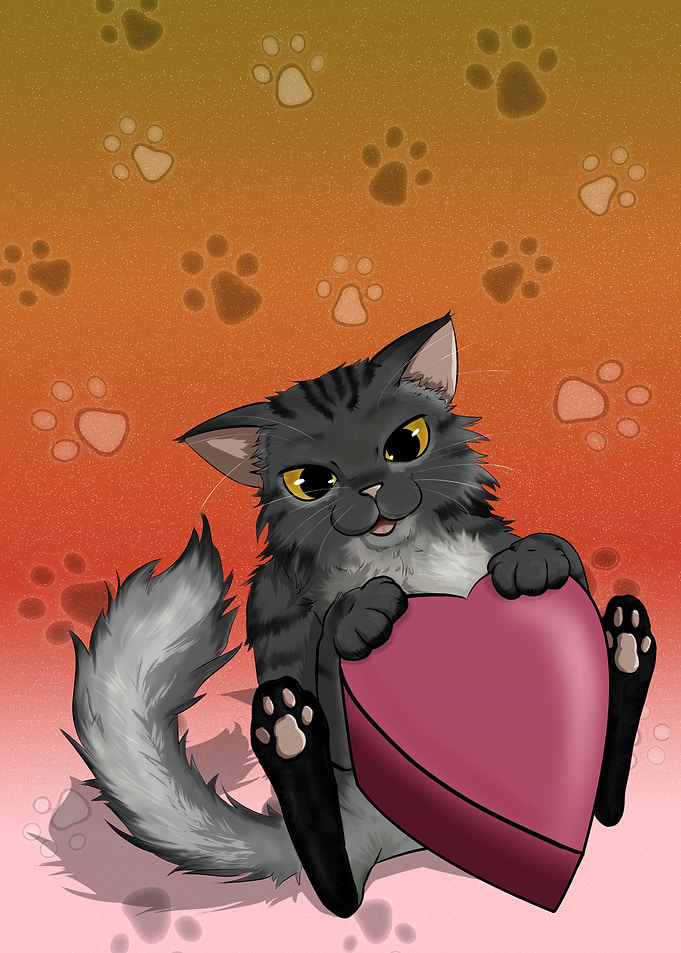 Cat with Heart-Shaped Box
