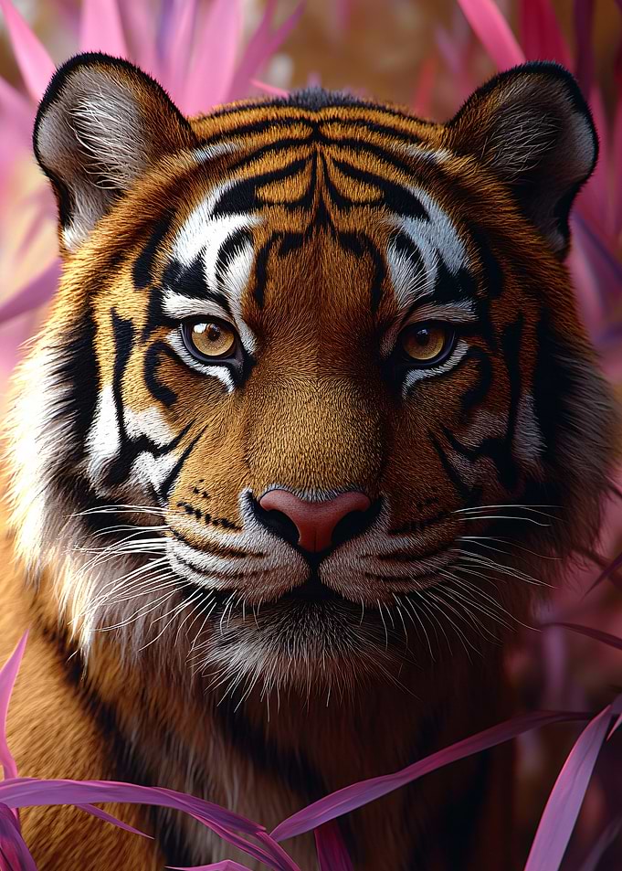 Tiger portrait with pink foliage