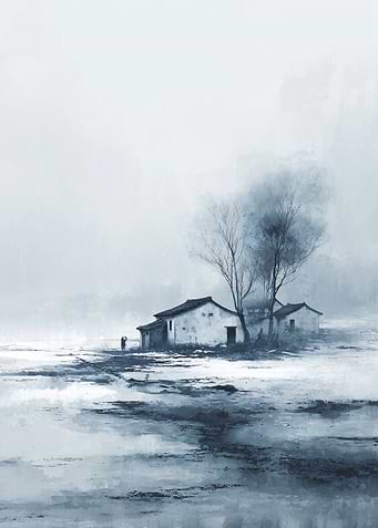 Monochromatic Landscape with Buildings and Figure