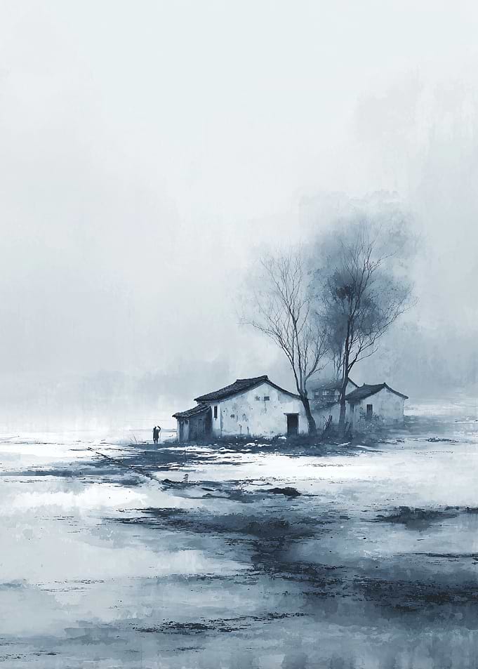Monochromatic Landscape with Buildings and Figure