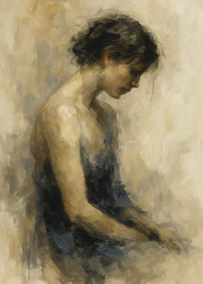 Pensive Woman in Blue Dress Painting