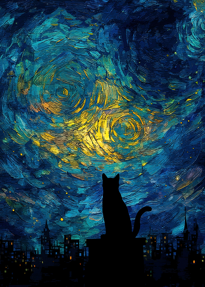Cat Silhouette Starry Night Sky