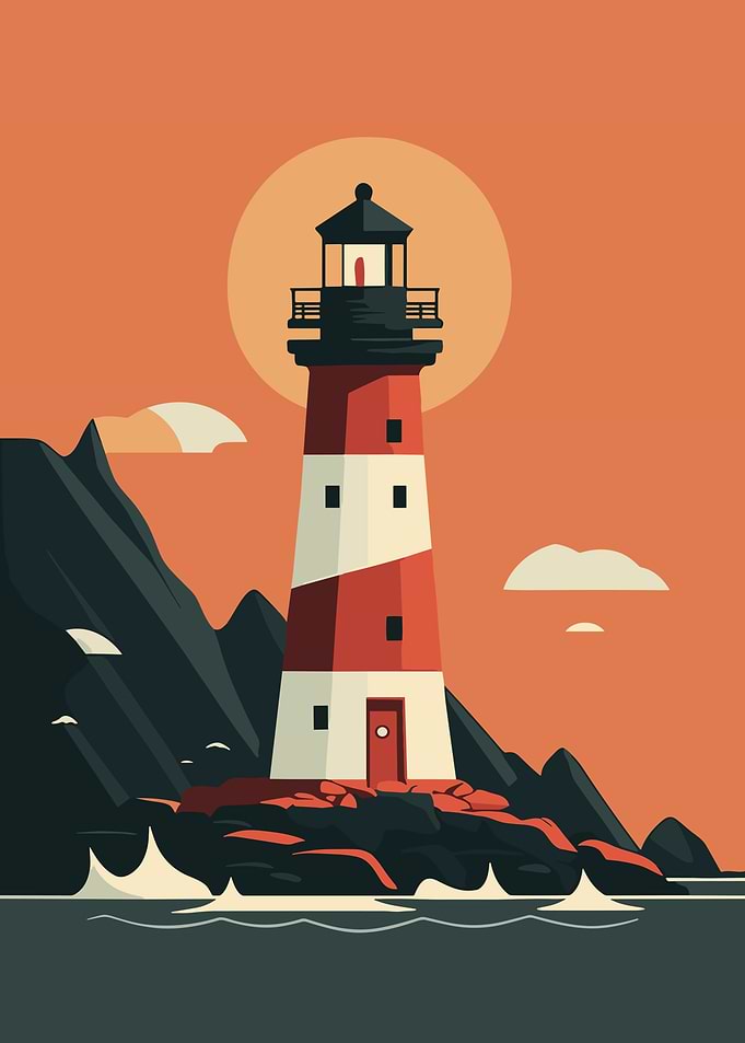 Lighthouse on Rocky Coastline Illustration