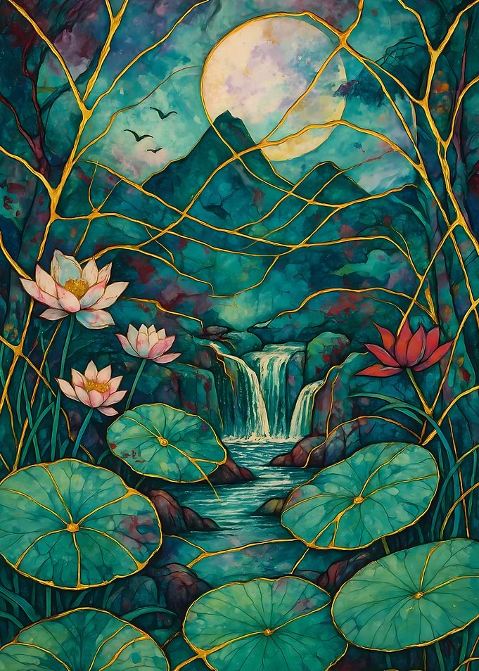 Abstract Fantasy #74 - Watercolor Lotus Pond with Golden Accents