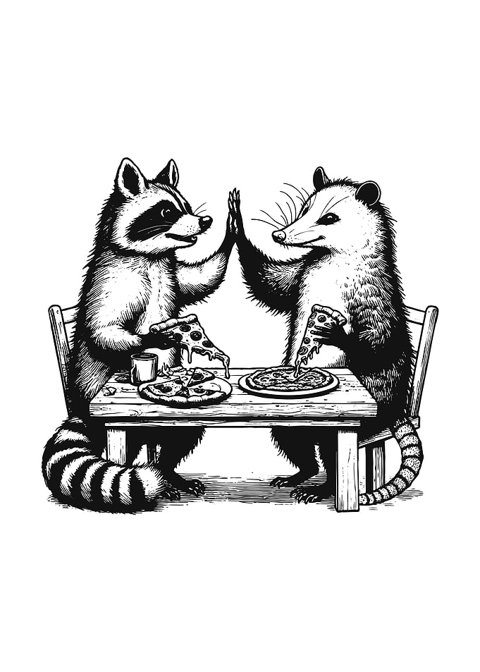 Raccoon and Opossum Pizza High Five