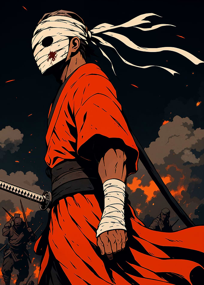 Samurai Warrior in Red Kimono