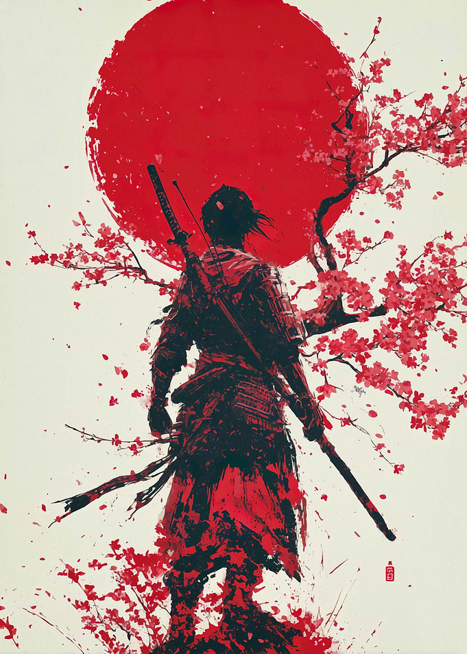 Samurai with Cherry Blossoms and Sun