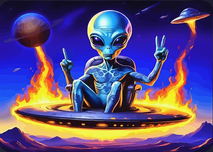 Alien Peace Sign on Flaming Spaceship