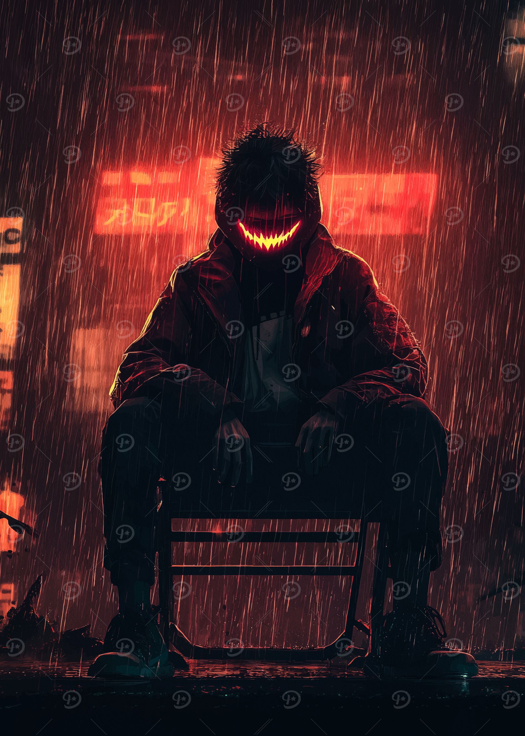 Neon Grin in Rainy Cityscape