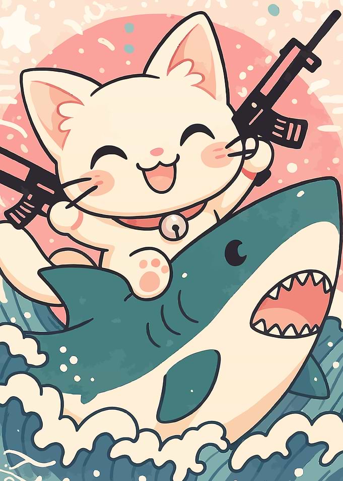 Cat riding shark with guns