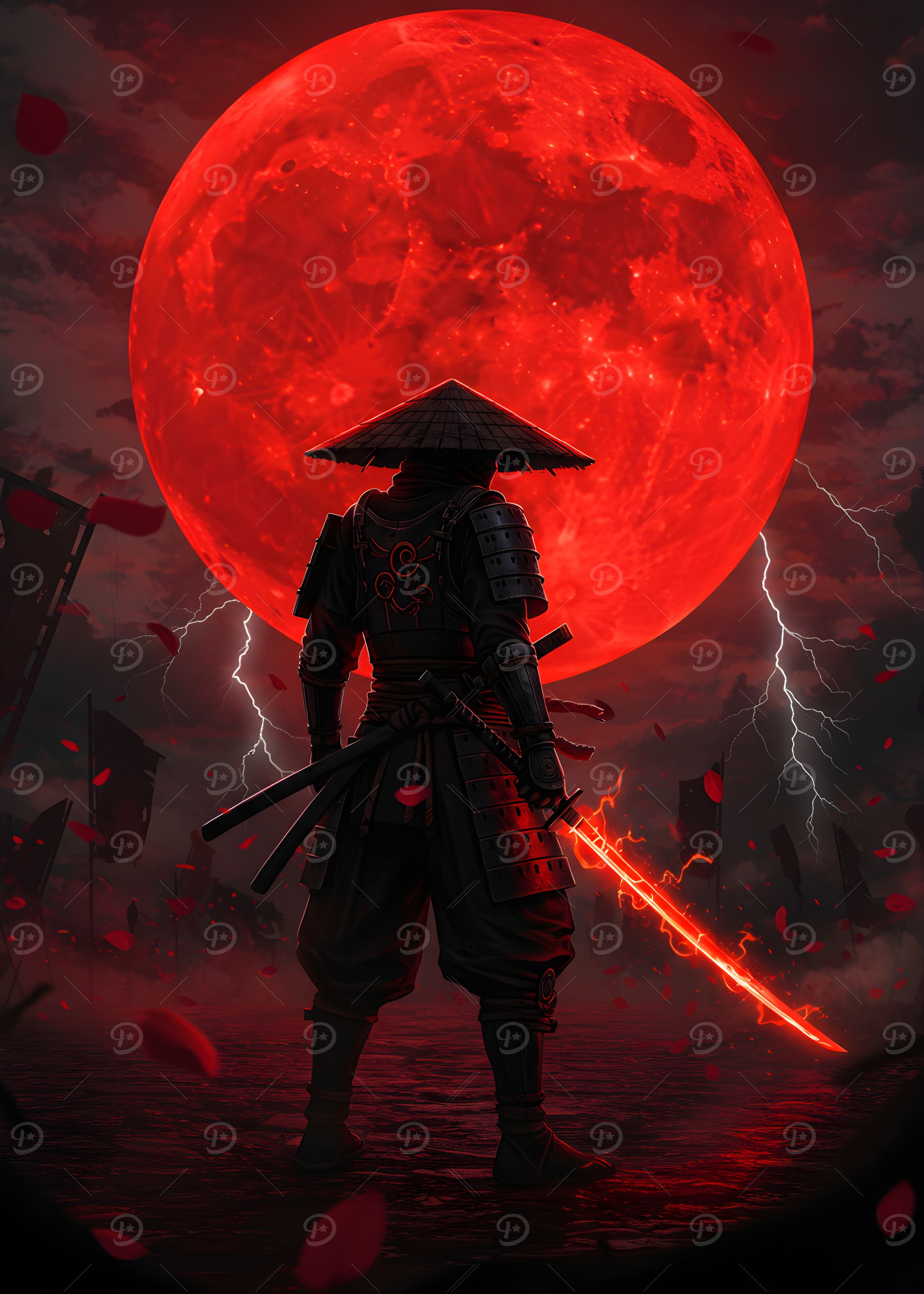 Samurai Warrior with Red Moon