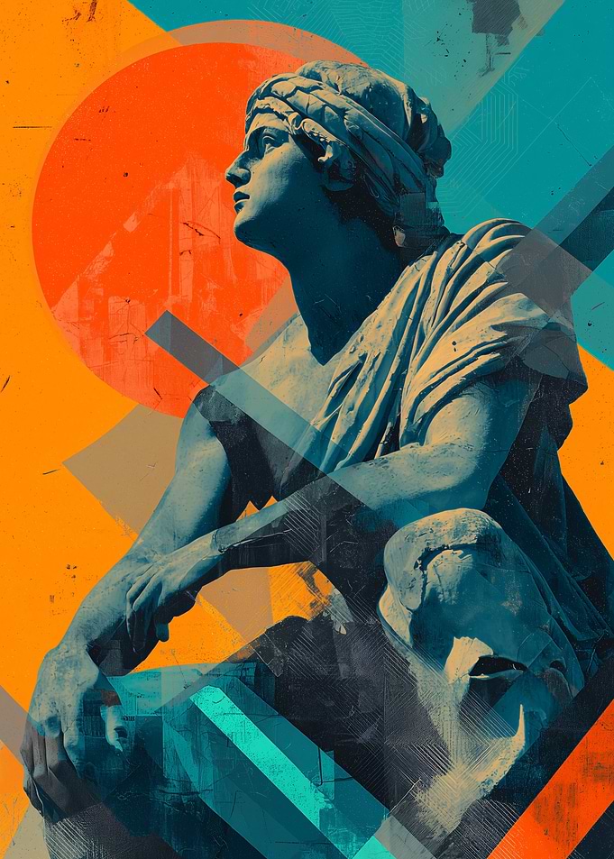 Statue with Geometric Orange and Teal Background
