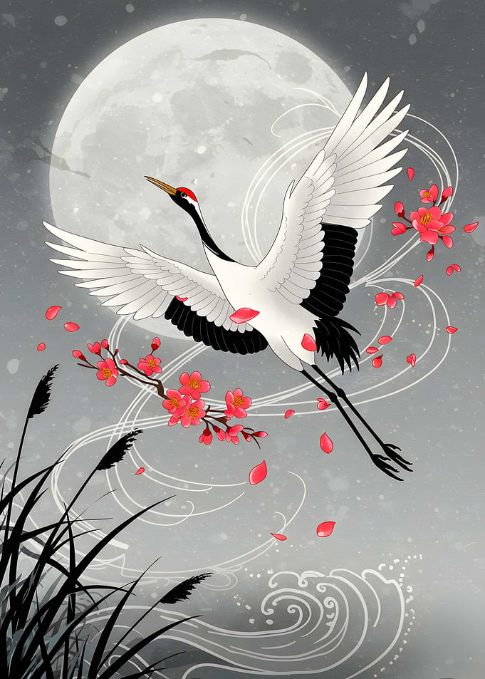 Crane in Flight with Cherry Blossoms