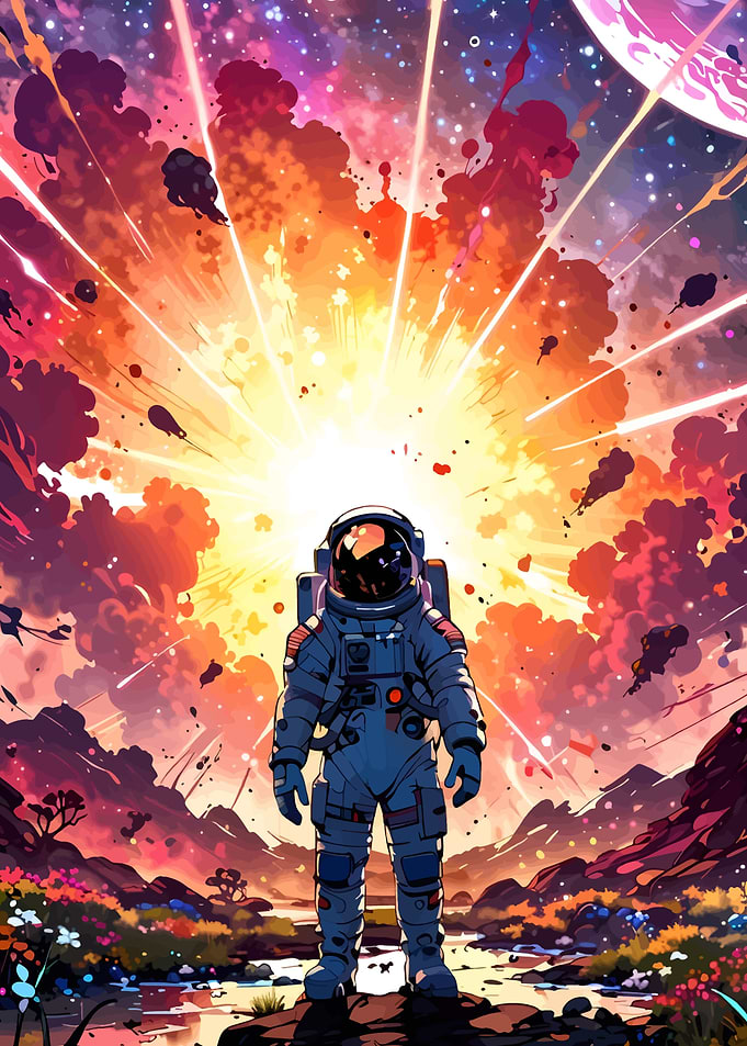 Astronaut in front of cosmic explosion