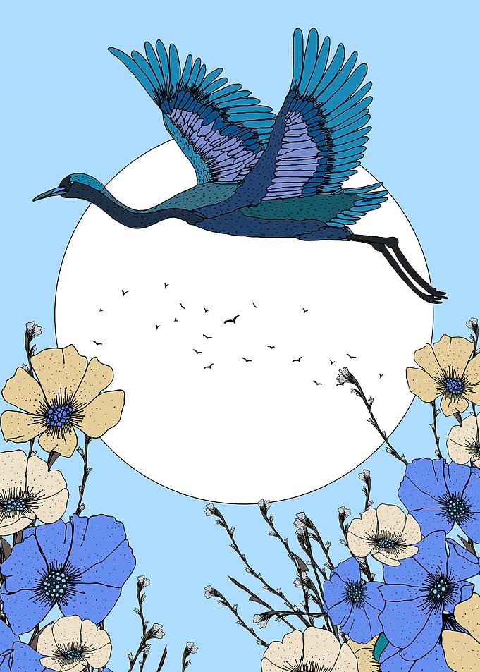 Crane in Flight with Floral Border