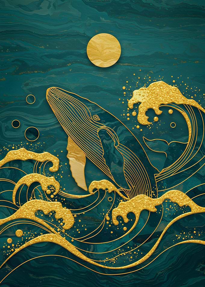 Golden Whale in Teal Ocean Art
