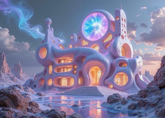 Surreal Futuristic Building in Snowy Landscape