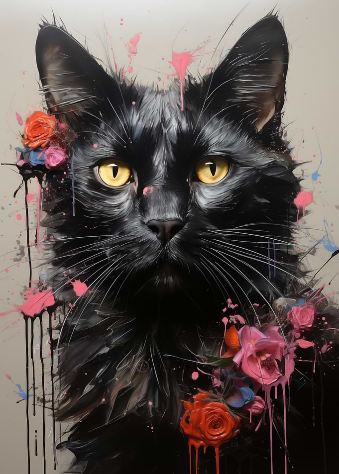 Black Cat with Flowers Art