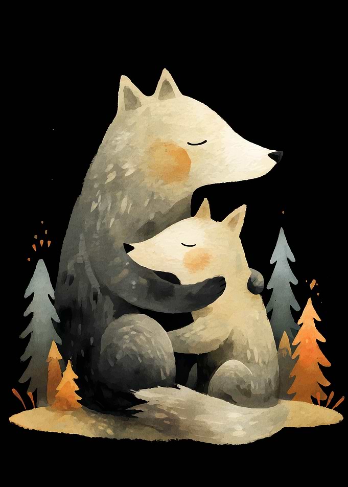 Watercolor Wolves Hugging in Forest