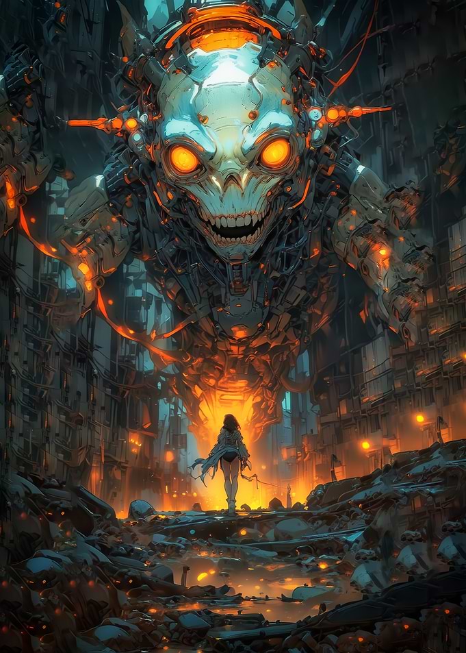 Cyberpunk Cityscape with Mechanical Skull