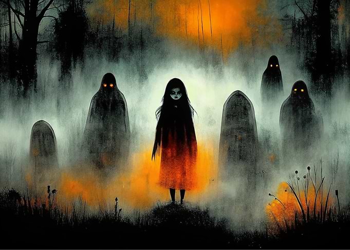 Spooky Graveyard Scene with Ghosts
