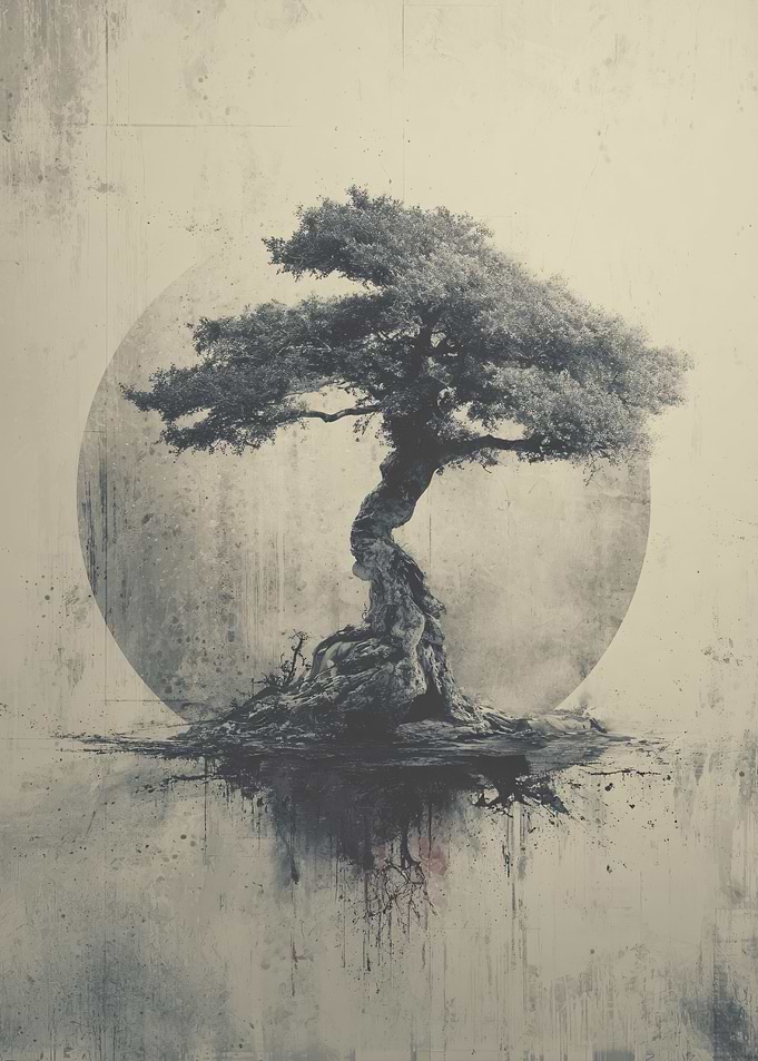 Monochrome Tree with Moon Backdrop