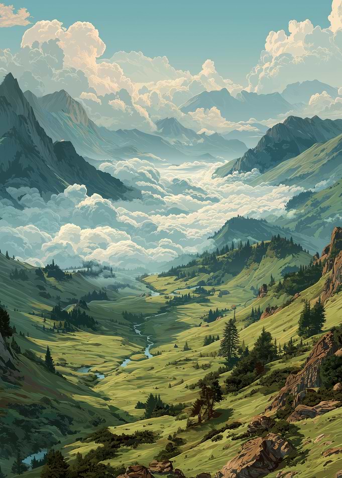 Mountain Valley Landscape with Clouds