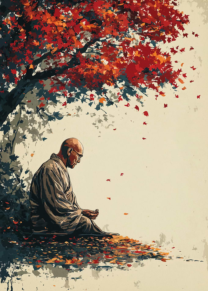 Monk Meditating Under Autumn Tree